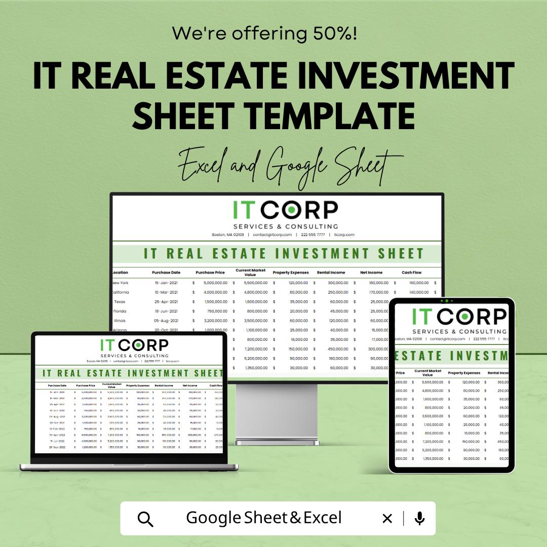 IT Real Estate Investment Sheet Template | Property Investment Tracker Spreadsheet | Commercial & Residential Portfolio Manager |