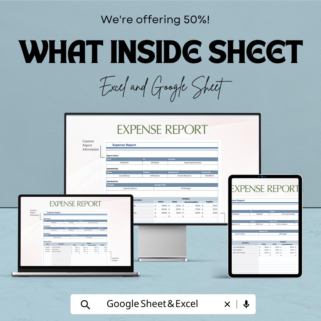 Expense Report Template | Business Expense Spreadsheet | Expense Tracker Template | Excel & Google Sheets | Budget Management Sheet |
