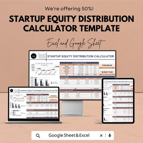 Startup Equity Distribution Calculator Template | Excel and Google Sheets | Founders Equity Split Tool | Cap Table Calculator |