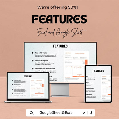 Sample Project Estimate Template | Project Cost Estimator Spreadsheet | Budget Planning Tracker | Excel & Google Sheets | Professional