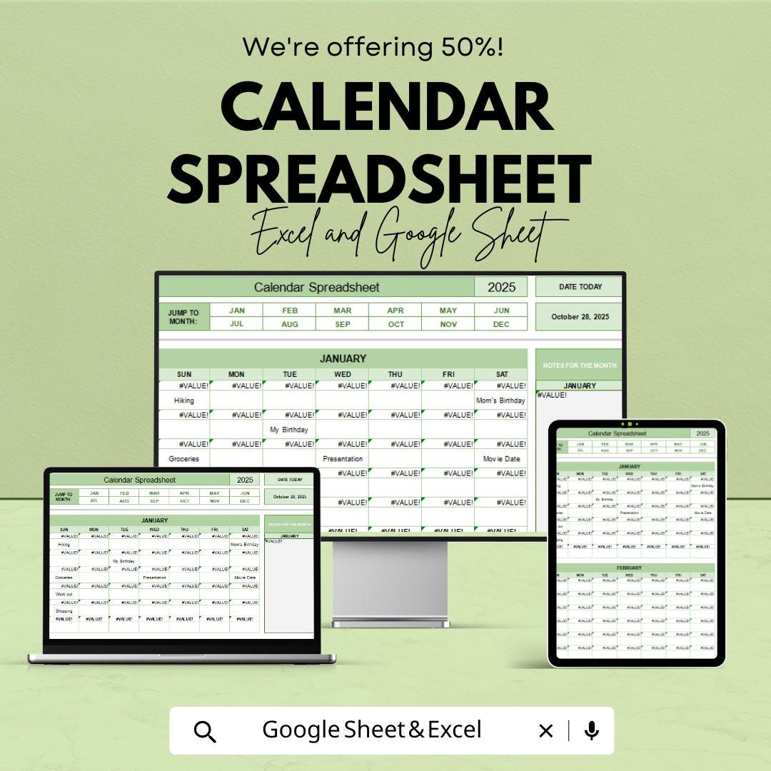 Calendar Spreadsheet Template | Editable Yearly Planner | Monthly Schedule Tracker | Digital Calendar | Instant Download
