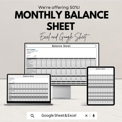 Monthly Balance Sheet | Excel and Google Sheet | 50% OFF | Financial Planning & Budget Template
