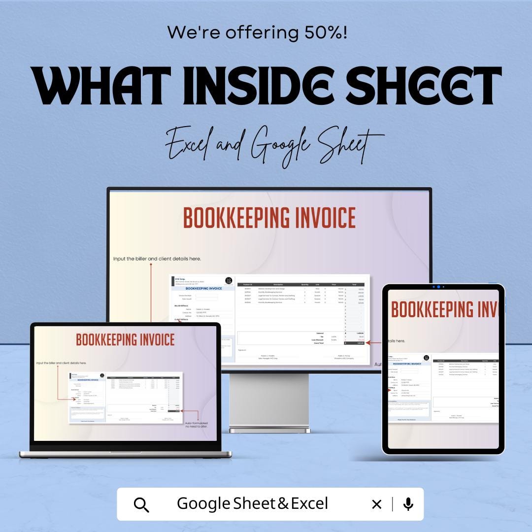 Bookkeeping Invoice Template – Excel and Google Sheet for Easy Tracking | Invoice & Payment Management, Customizable and Professional Design