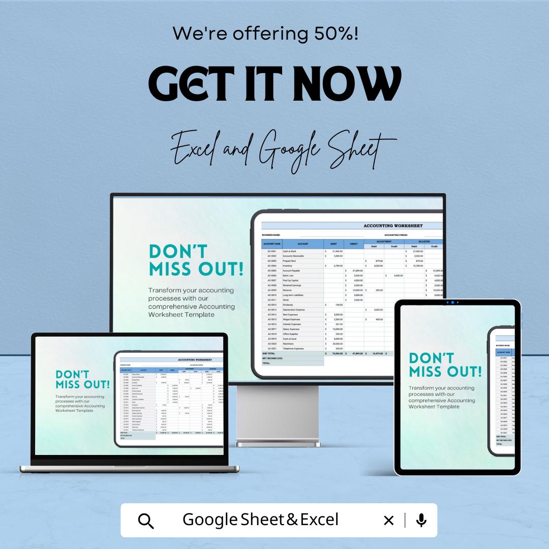 Accounting Worksheet Template | Excel and Google Sheets | Financial Statement Preparation | Trial Balance Template | Accounting Spreadsheet