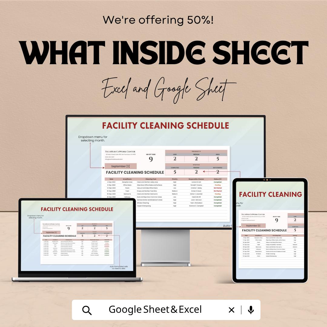 Facility Cleaning Schedule Template | Cleaning Checklist Spreadsheet | Maintenance Planner Tracker