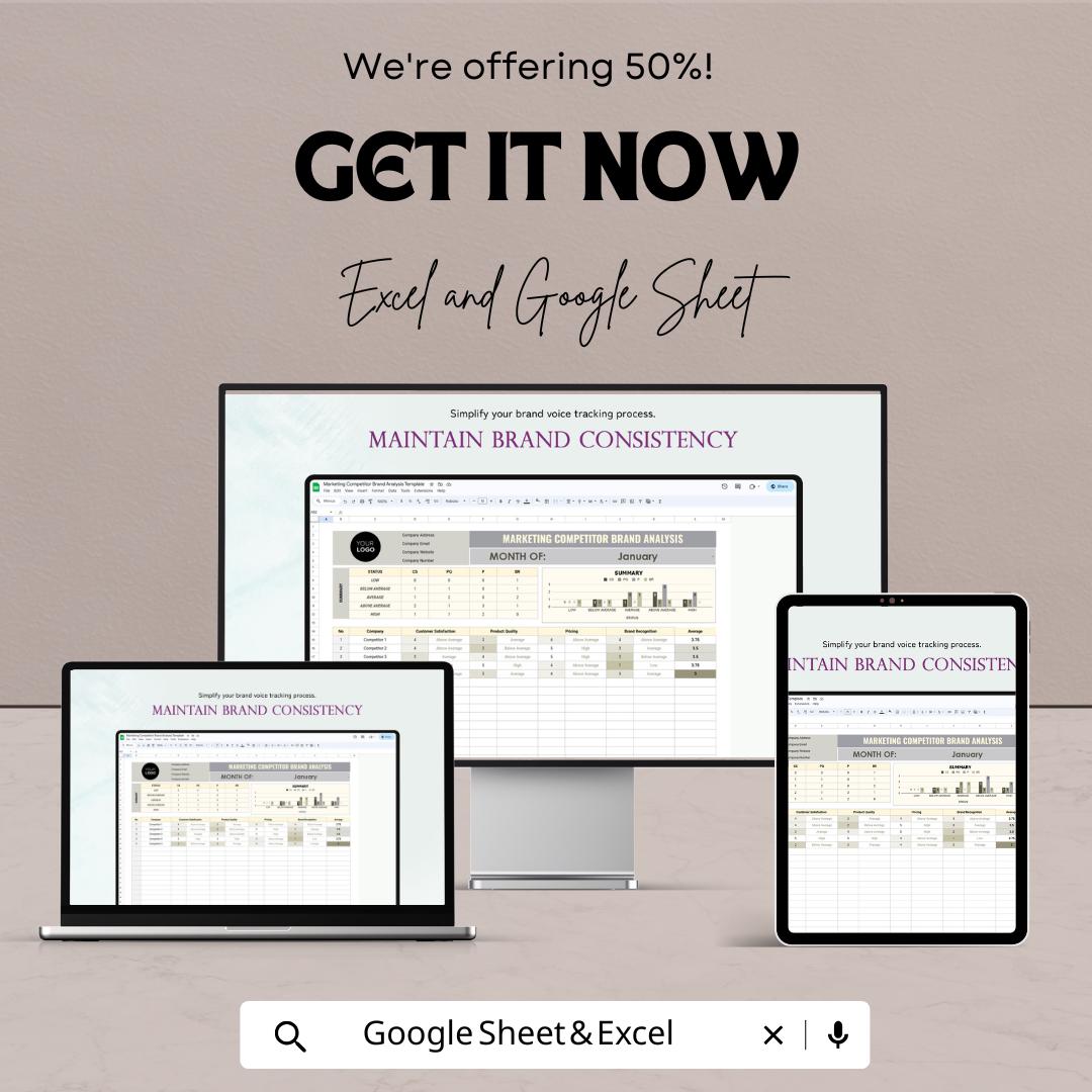 Marketing Competitor Brand Analysis Sheet – Excel & Google Sheets Template for Tracking Competitor Performance and Brand Metrics