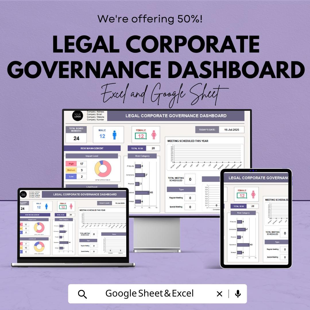 Legal Corporate Governance Dashboard | Excel and Google Sheet | Business Risk Management & Performance Tracking | ERG and Meeting Records