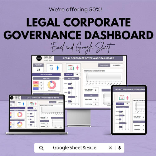 Legal Corporate Governance Dashboard | Excel and Google Sheet | Business Risk Management & Performance Tracking | ERG and Meeting Records