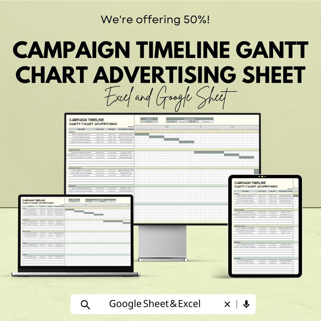 Advertising Gantt Chart Template | Campaign Timeline & Media Planning Tracker | Google Sheets and Excel