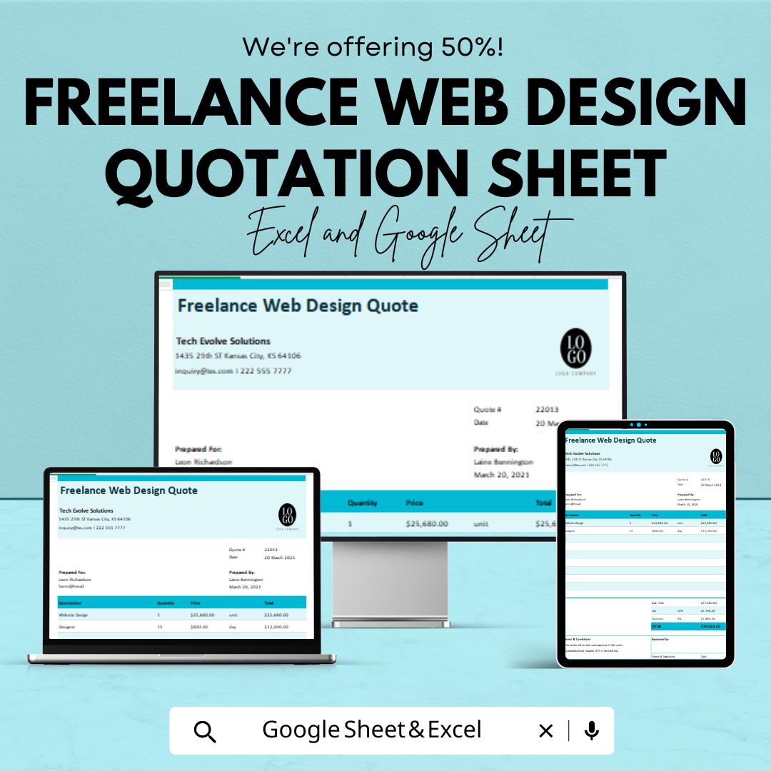 Freelance Web Design Quotation Template - Google Sheets Invoice for Web Designers, Instant Download, Professional Quote Generator