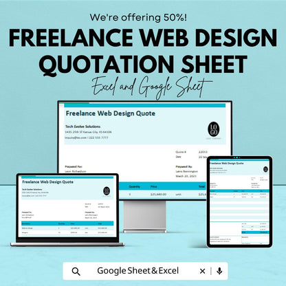 Freelance Web Design Quotation Template - Google Sheets Invoice for Web Designers, Instant Download, Professional Quote Generator