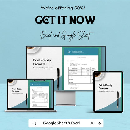 Cash Receipt Sheet for Excel & Google Sheets – Payment Acknowledgment, Printable Receipt Template, Customizable Cash Receipt, 50% Off