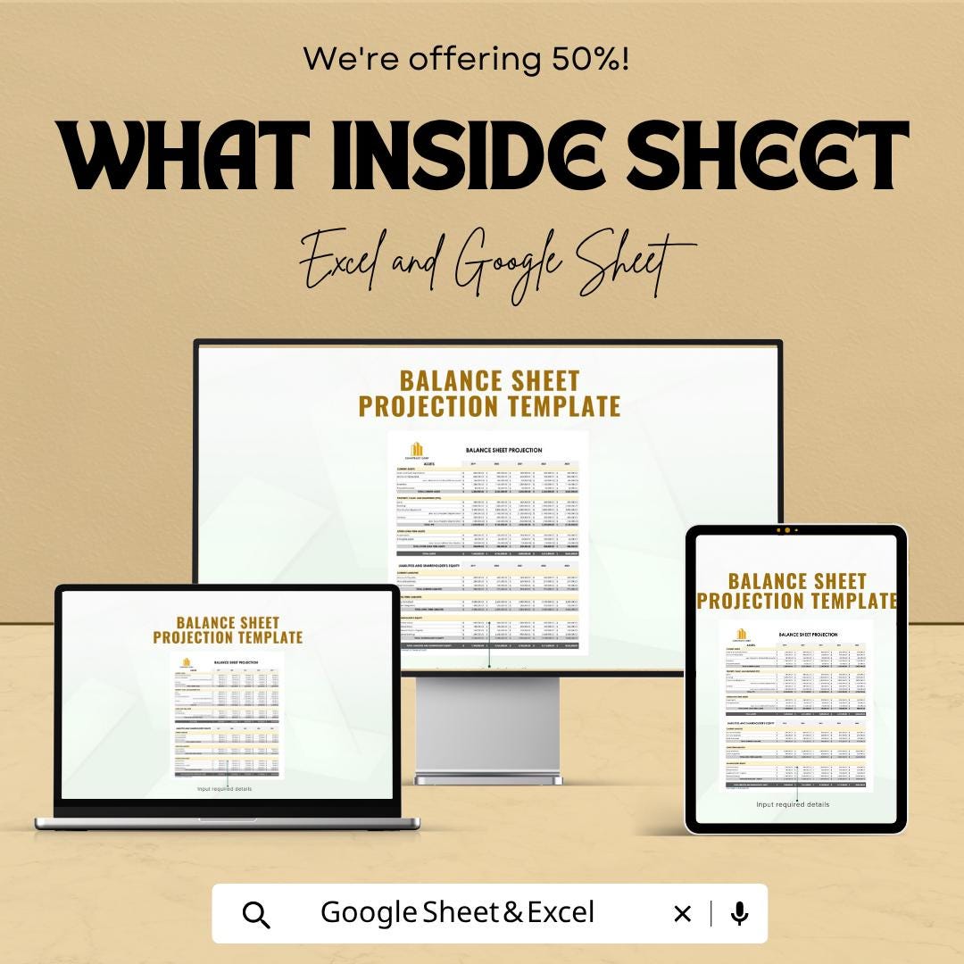 Balance Sheet Projection Template | Financial Forecast Spreadsheet | Budget Planning Tool | Financial Planning Dashboard