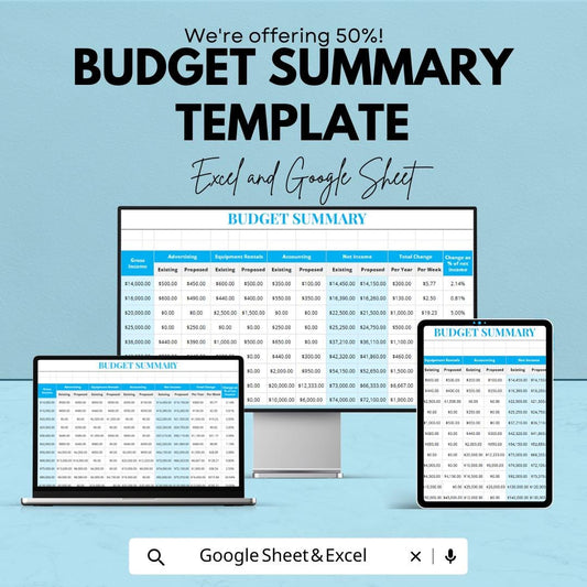 Budget Summary Template | Financial Overview Spreadsheet | Income and Expense Planner | Business Budget Report