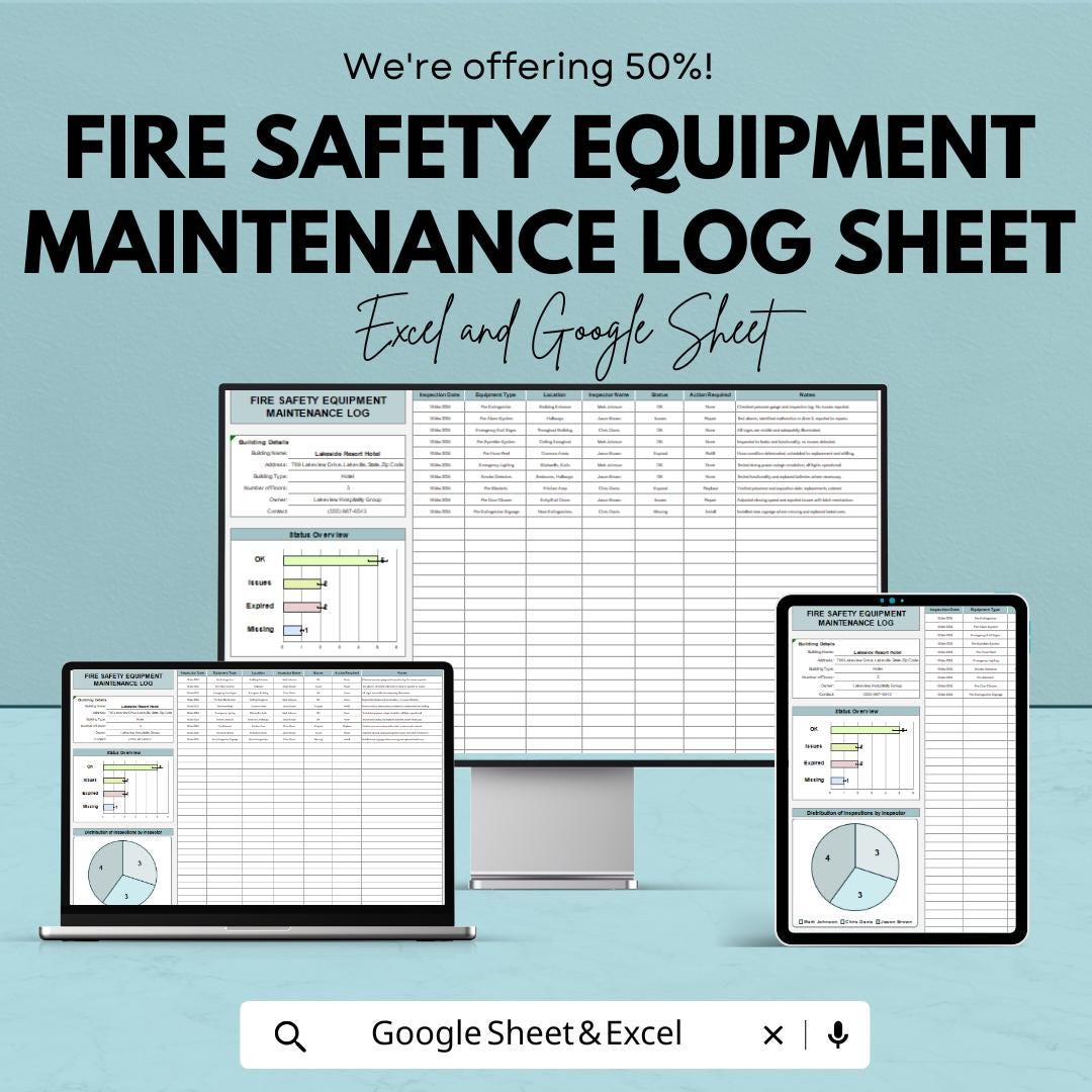 Fire Safety Equipment Maintenance Log Sheet | Excel and Google Sheets Template | Track & Manage Fire Safety Inspections