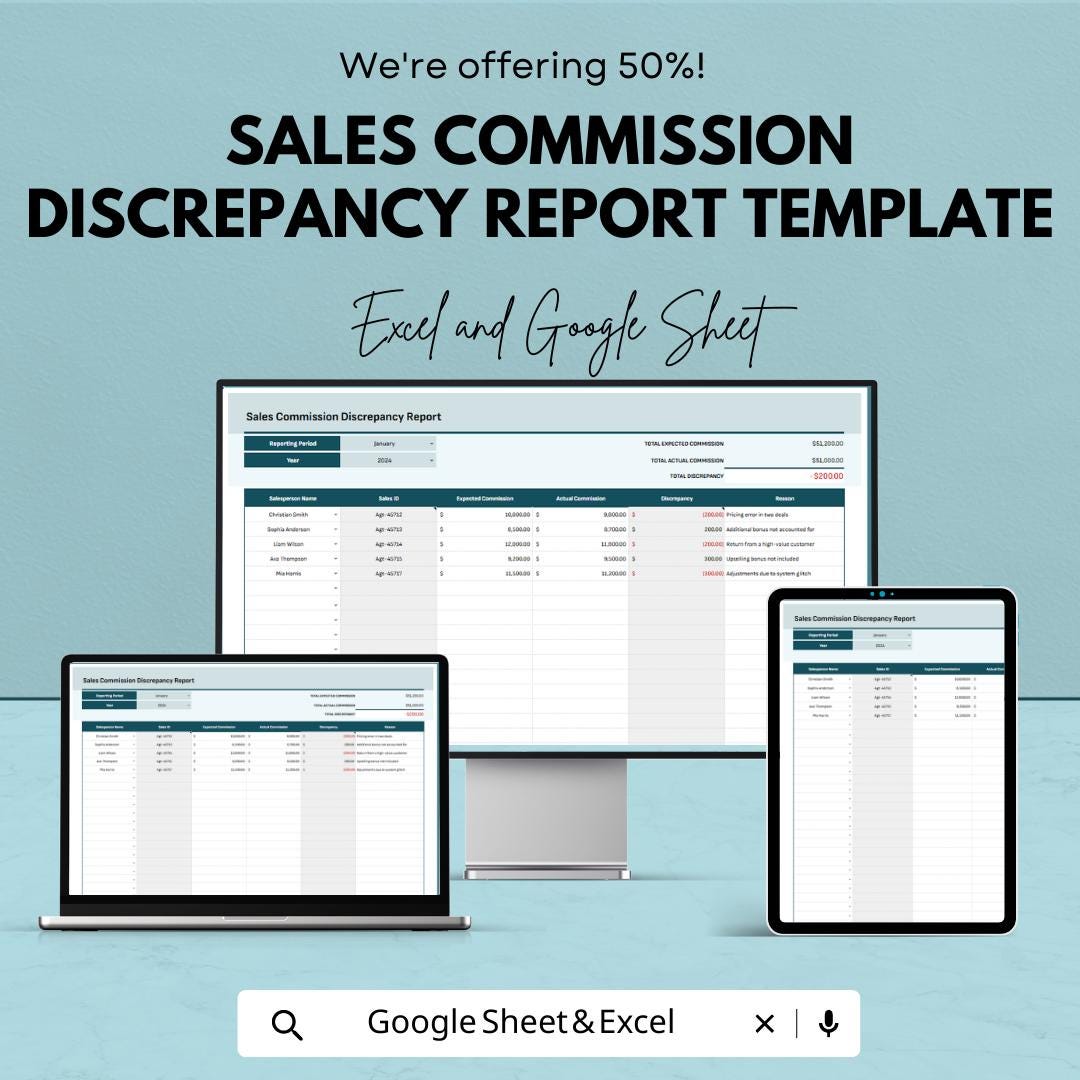 Sales Commission Discrepancy Report Template  | Sales Audit Report | Sales Commission Review | Finance Report Template