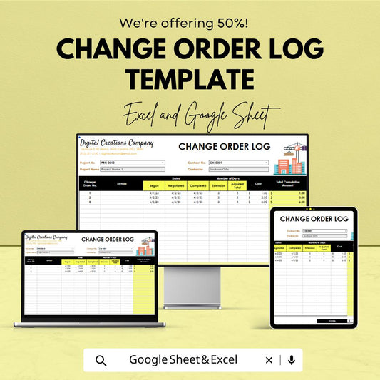 Change Order Log Template | Construction Change Order Tracker | Contractor Project Log | Excel & Google Sheets Template | Project Management