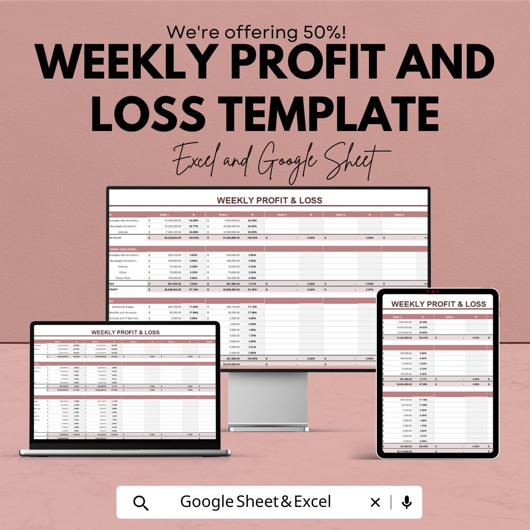 Weekly Profit and Loss Template for Excel  Google Sheets | Small Business Income & Expense Tracker | Financial Report Sheet