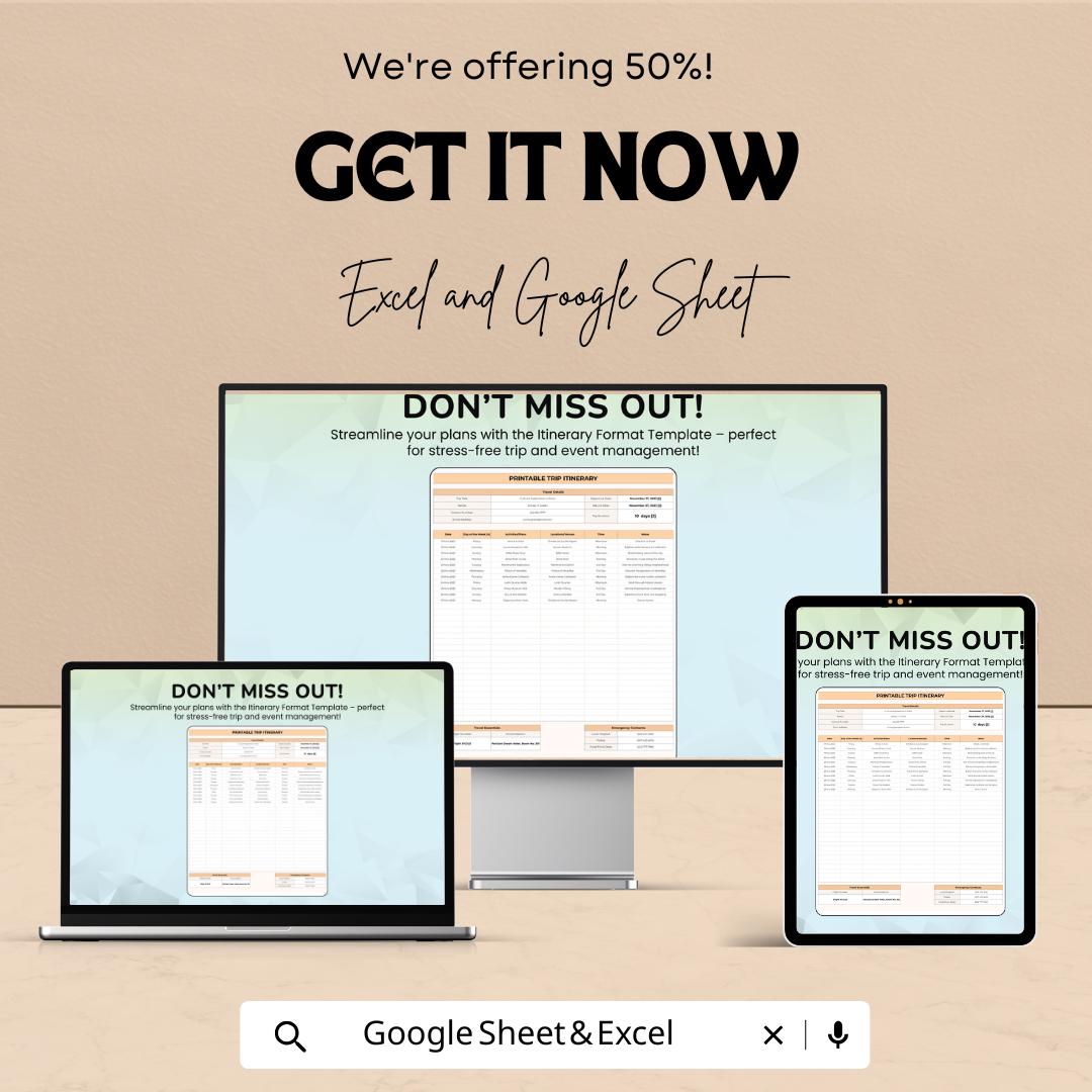 Itinerary Format Template | Travel Schedule Planner | Trip Itinerary Spreadsheet | Event Travel Plan Organizer | Excel & Google Sheets