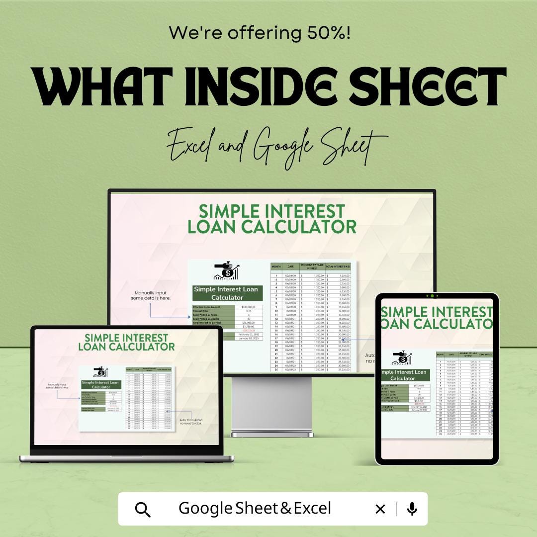 Simple Interest Loan Calculator Sheet | Excel & Google Sheets | Monthly Repayment Tracker | Loan Amortization Template