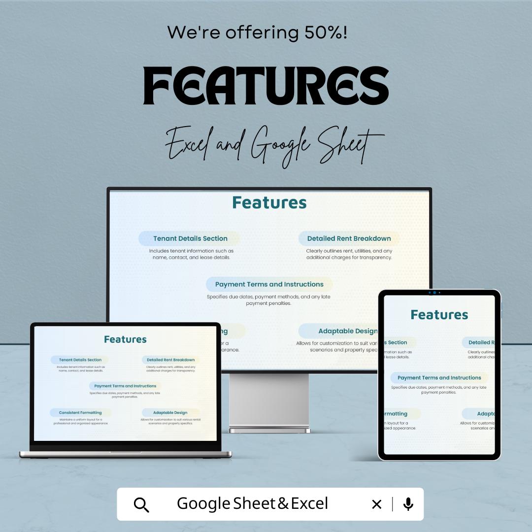 Rent Invoice Format Template | Google Sheet | Tenant Rent Bill | Printable Invoice Sheet | Rental Billing Statement | Instant Download