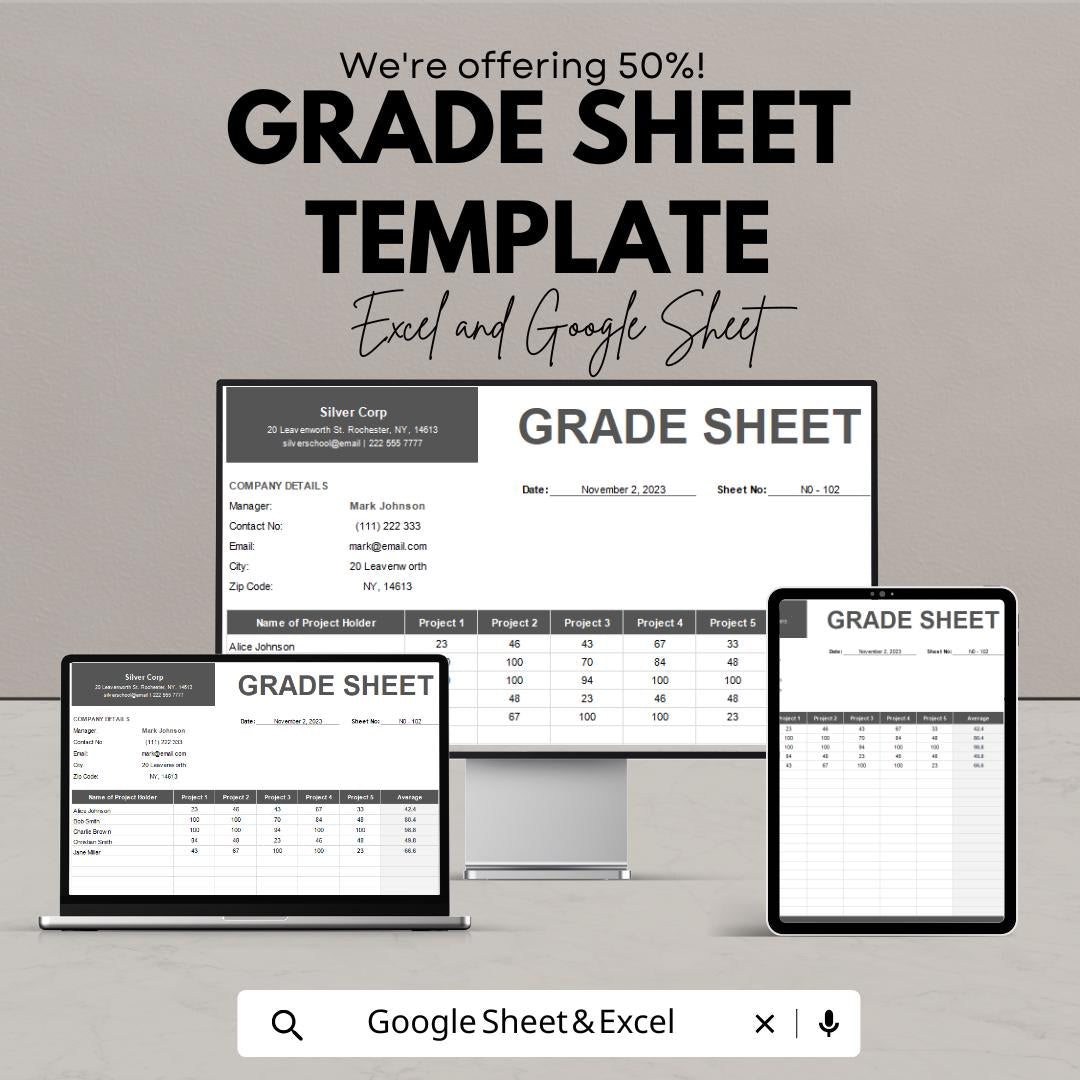 Grade Sheet Template | Student Grading Tracker | Teacher Gradebook | Automated School Report | Academic Performance Sheet
