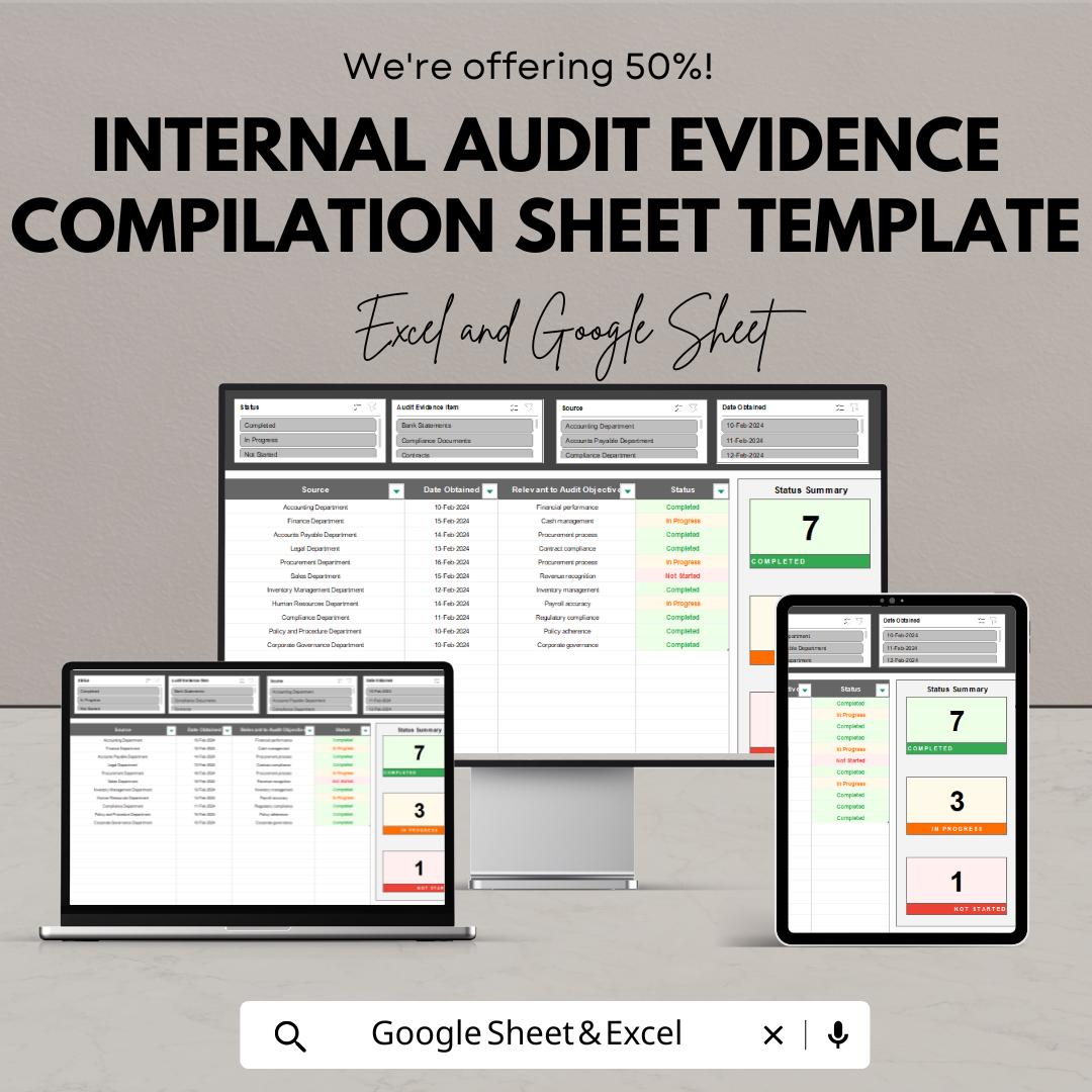 Internal Audit Evidence Compilation Sheet Template | Audit Evidence Tracker | Internal Control Documentation | Audit Checklist Spreadsheet