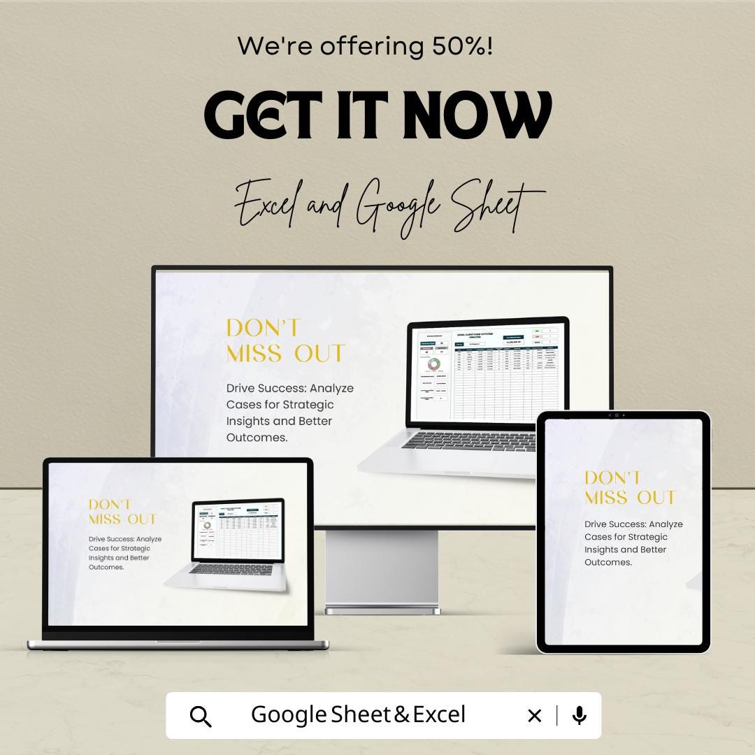 Legal Client Case Outcome Analysis Sheet | Google Sheets | Track Legal Cases & Client Outcomes | Data Analytics Template for Law Firms