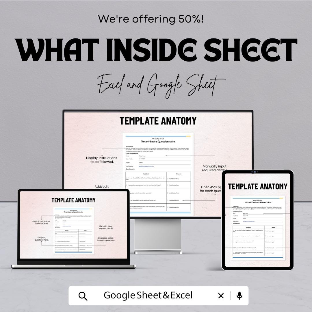 Tenant-Lease Questionnaire Sheet | Excel & Google Sheet | Tenant Information Form | Lease Agreement Form | Rental Management Tool