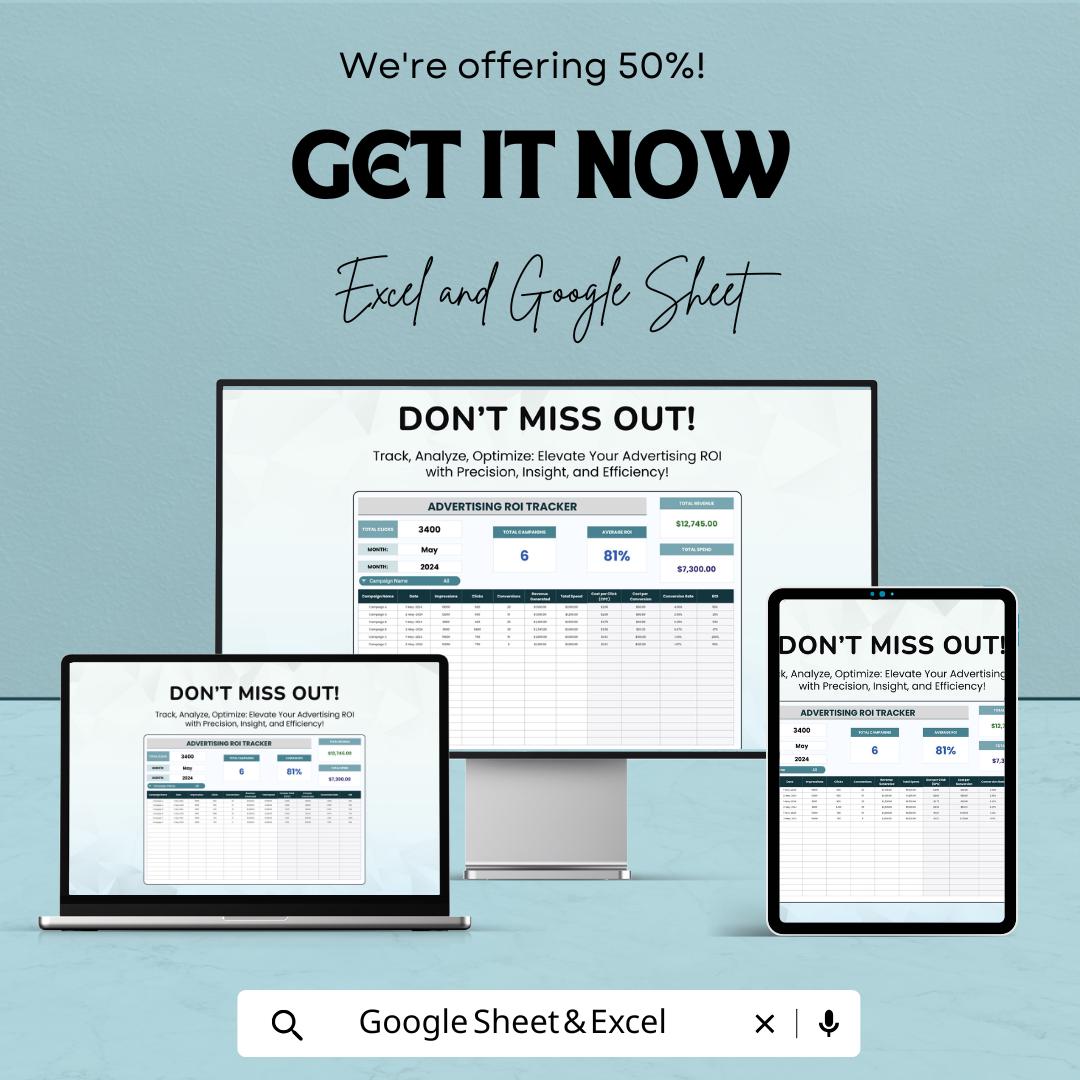 Advertising ROI Tracker Template | Ad Performance Tracker | Marketing ROI Spreadsheet | Excel & Google Sheets ROI Calculator |