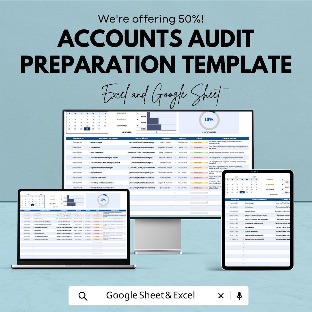 Accounts Audit Preparation Template | Audit Checklist | Financial Audit Tracker | Internal Audit Planner Spreadsheet