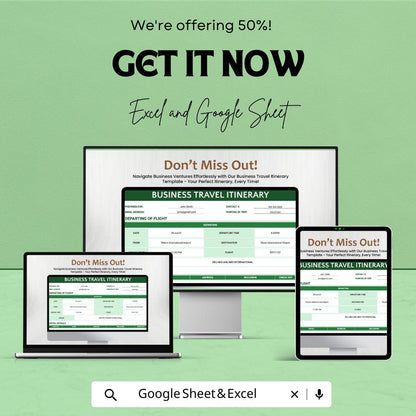 Business Travel Itinerary Template - Excel & Google Sheets - Easy-to-Use Travel Planner for Corporate Trips - Downloadable Template