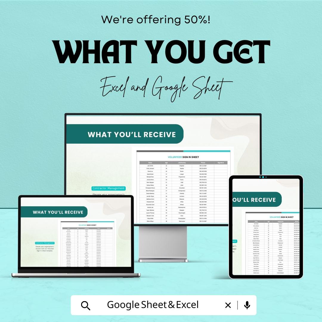 Volunteer Sign-In Sheet | Excel and Google Sheet Template | Track Volunteer Hours & Activities | 50% Off