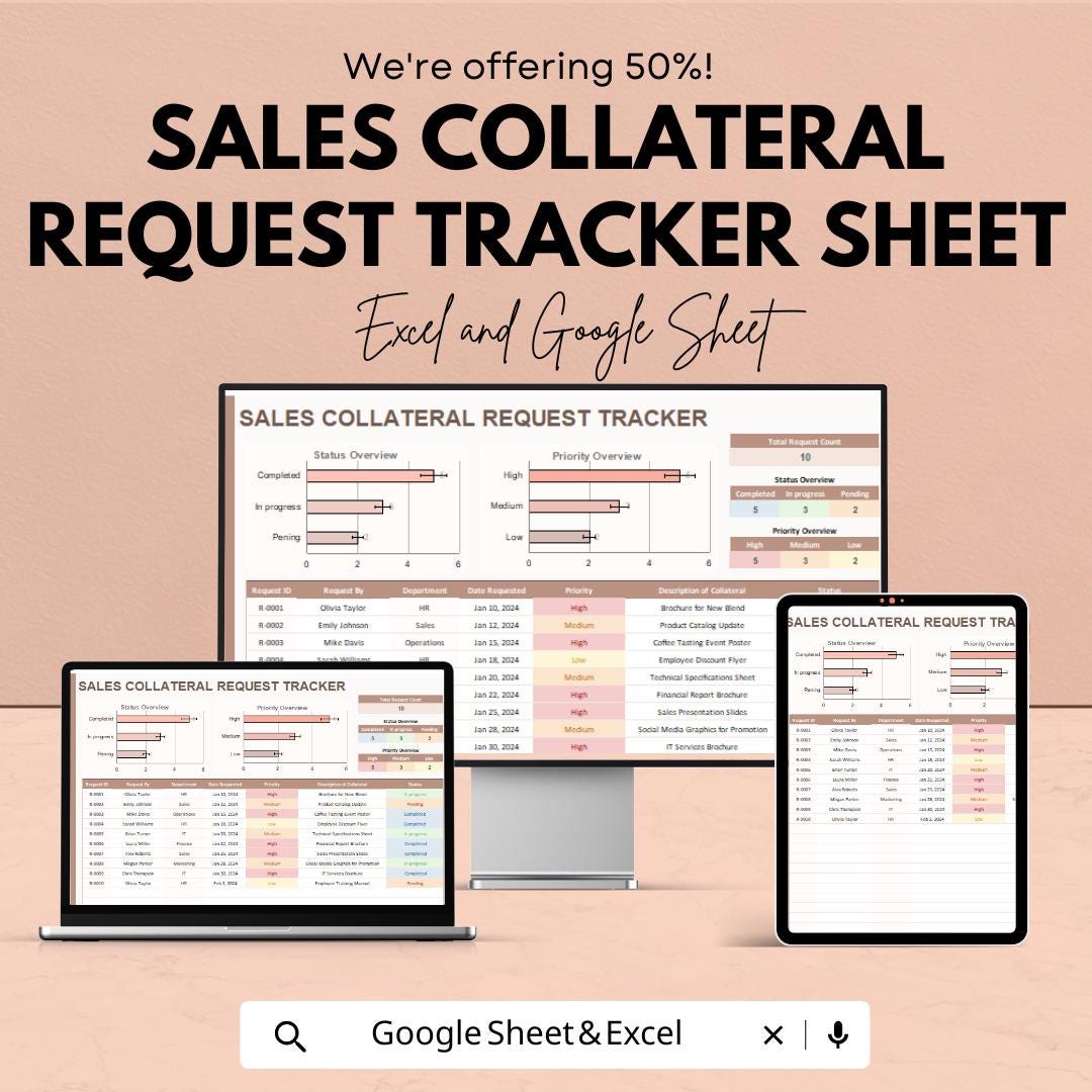 Sales Collateral Request Tracker Sheet | Sales Collateral Management | Excel & Google Sheets | Efficient Request Tracking Template
