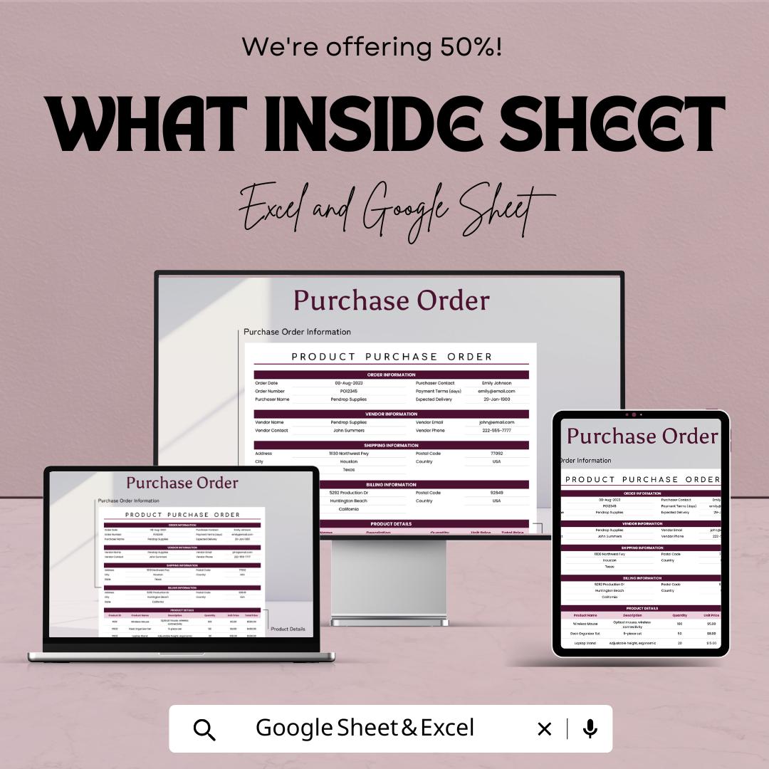 Product Purchase Order Form Template – Excel and Google Sheets – Manage Inventory & Vendor Information, Streamline Procurement Process |