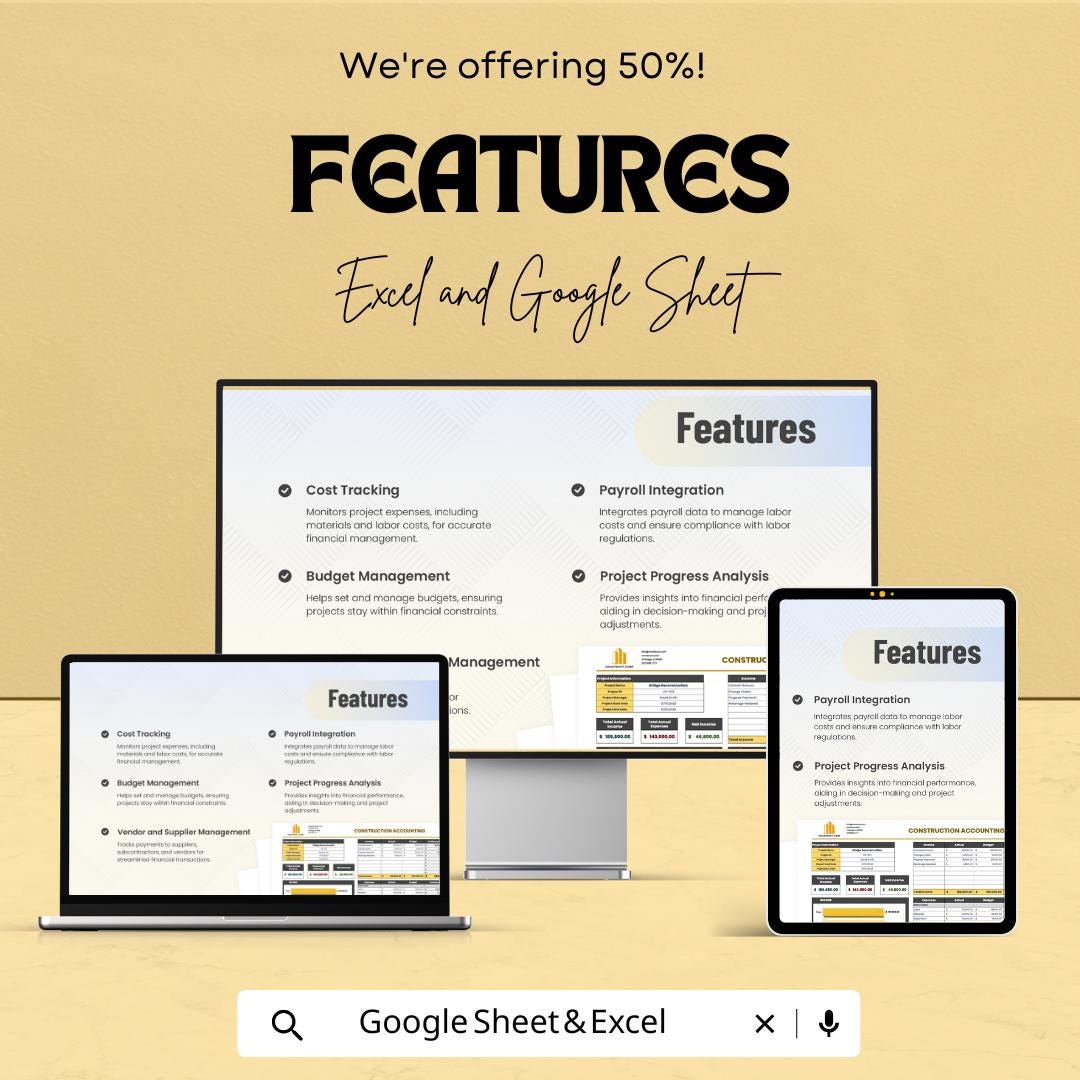 Construction Accounting Template | Excel & Google Sheet | Project Cost Tracker | 50% Off!