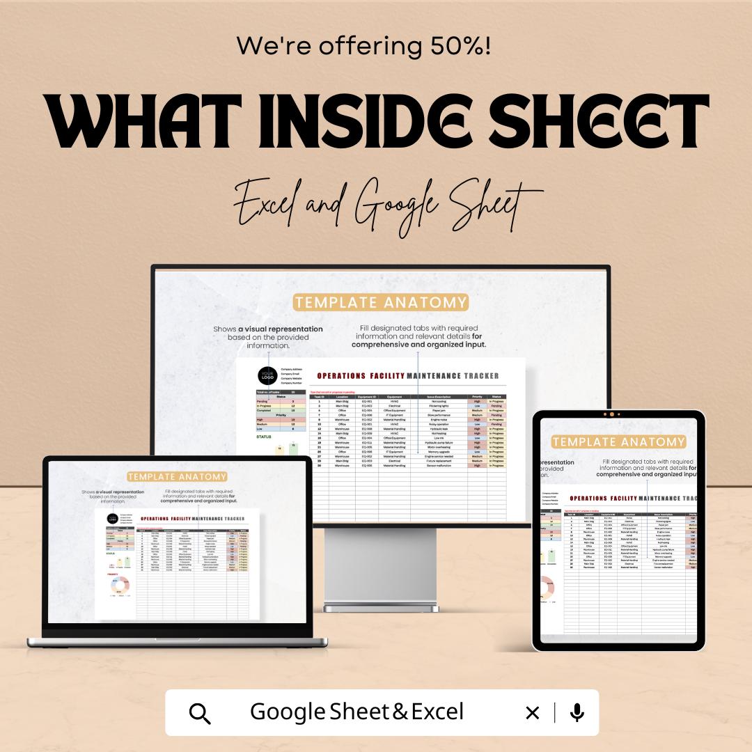 Operations Facility Maintenance Tracker Sheet – Excel & Google Sheets | Facility Maintenance Log Template | Task Scheduling, Asset Tracking