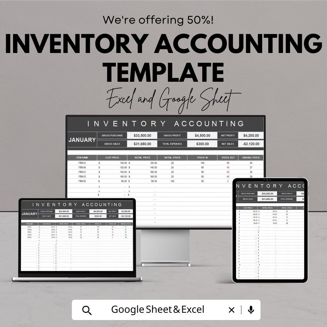 Inventory Accounting Template | Stock Tracking Spreadsheet | Inventory Management Register | Cost & Stock Control Template