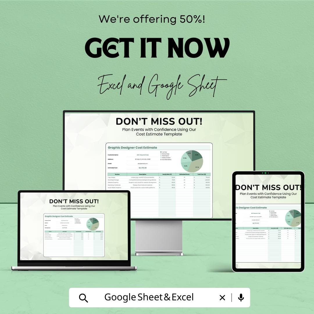 Graphic Designer Cost Estimate Sheet | Excel and Google Sheets | Freelance and Agency Template | Budgeting & Pricing Tool |