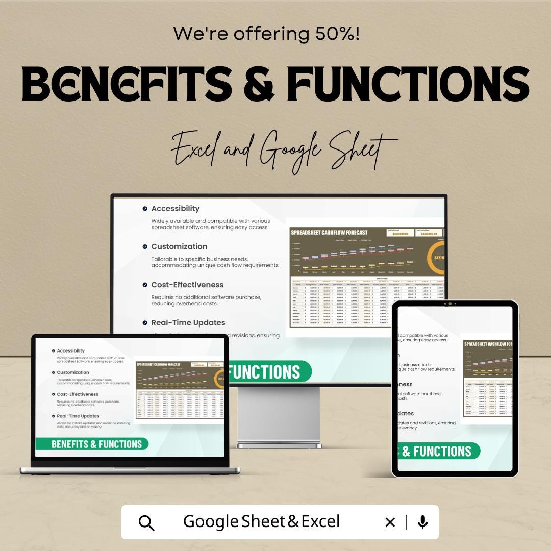 Spreadsheet Cashflow Forecast Template Excel & Google Sheets, Cash Flow Forecast Spreadsheet, Business Financial Forecast Tool