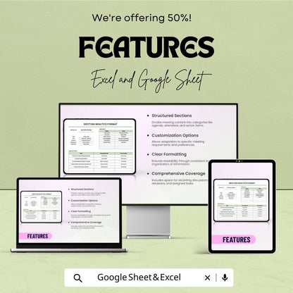 Meeting Minutes Template – Editable Excel & Google Sheet | Professional Meeting Documentation Format | Instant Download