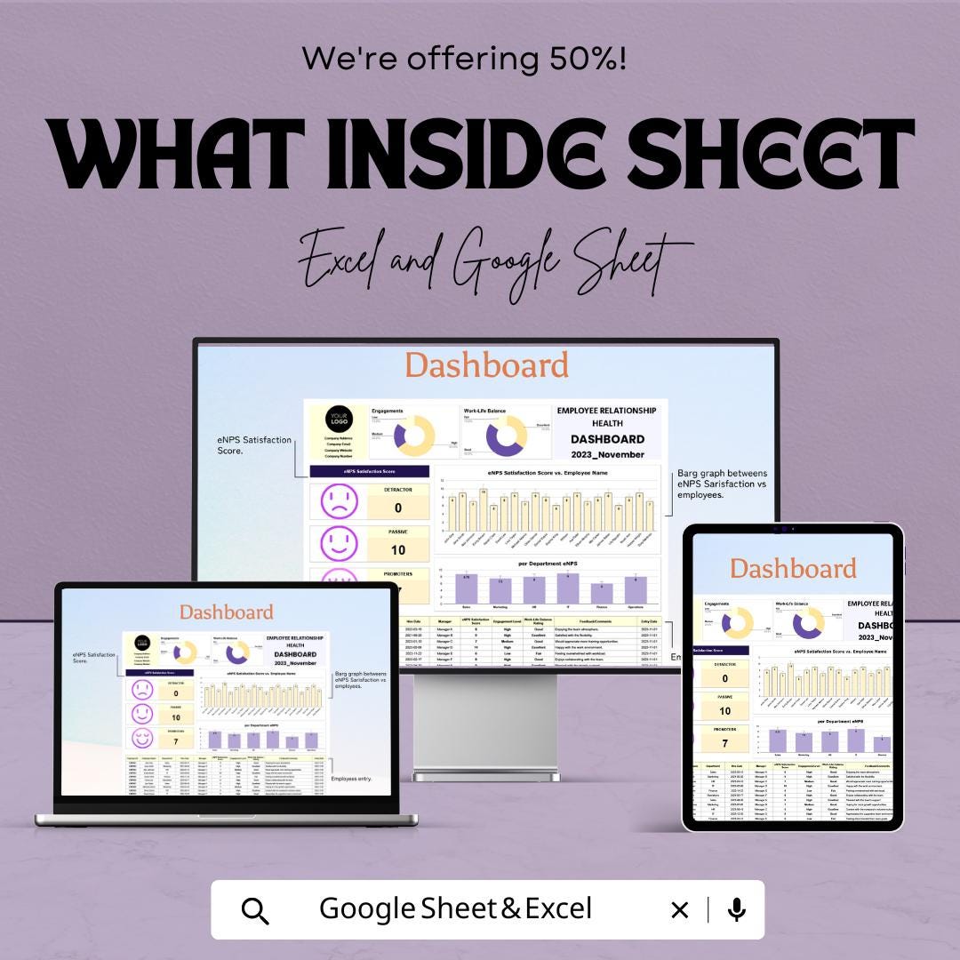 Employee Relationship Health Dashboard HR Template - Excel & Google Sheets, Track Employee Satisfaction, Engagement, HR Analytics
