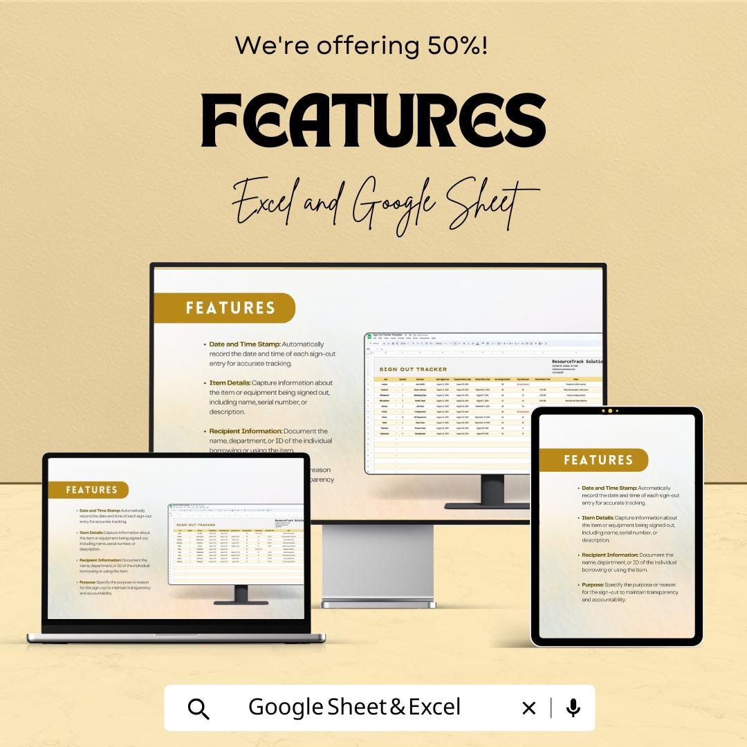 Sign Out Tracker Sheet | Asset & Equipment Log | Editable Google Sheets and Excel Template | Check-Out Register | Printable Sign-Out Form