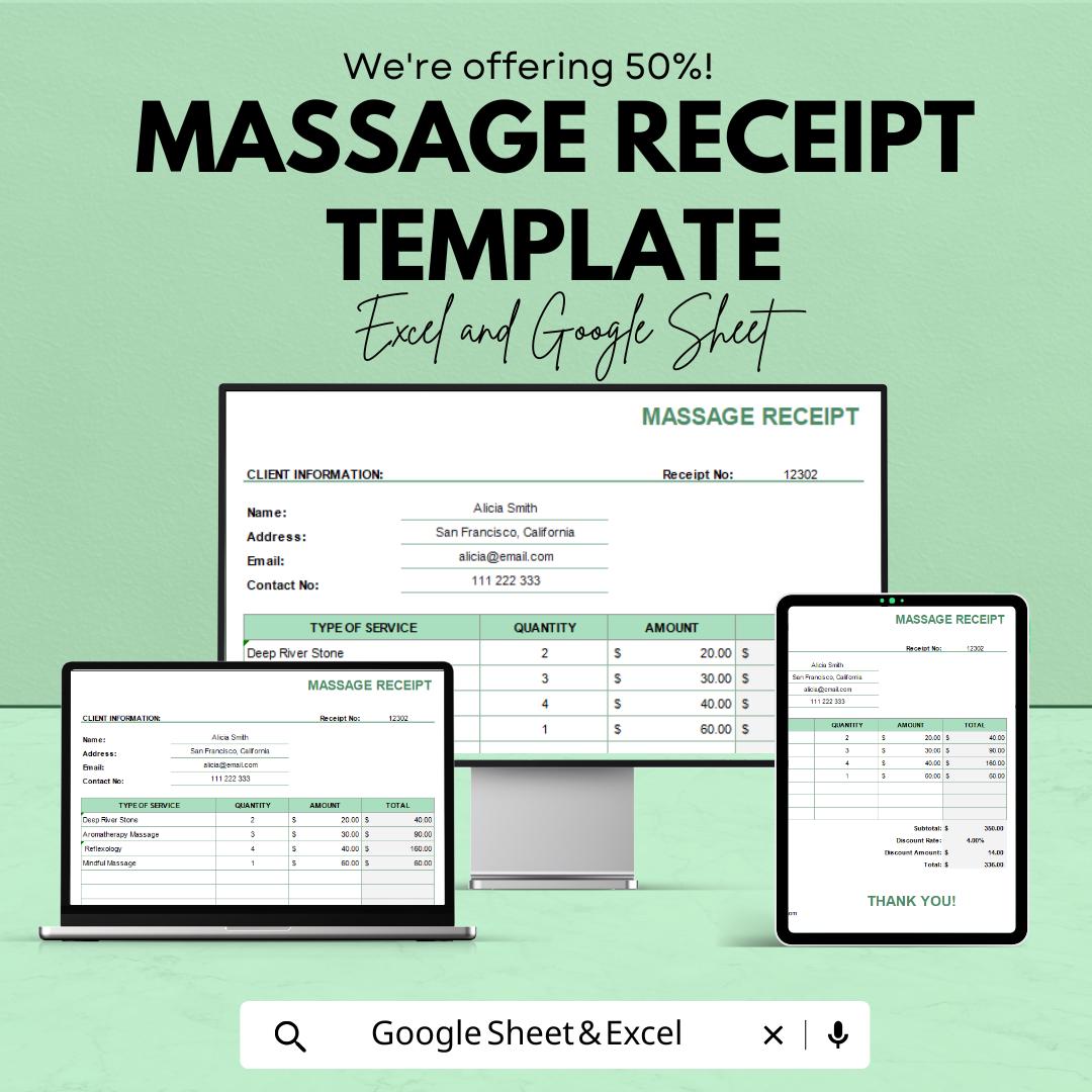Massage Receipt Template | Spa & Therapy Receipt | Editable Massage Invoice | Service Receipt | Printable Business Template