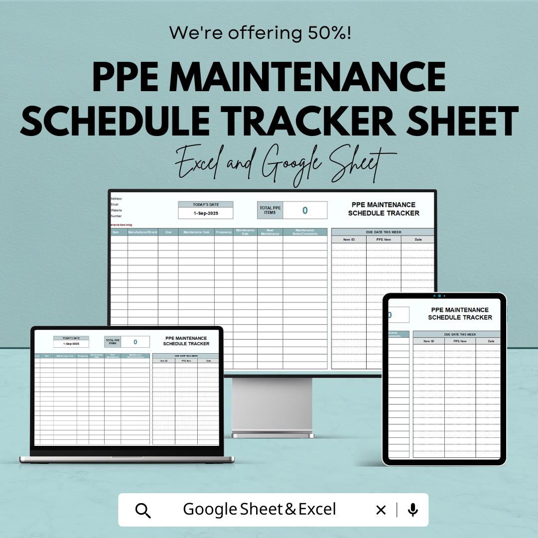 PPE Maintenance Schedule Tracker Sheet | Excel & Google Sheets Template | Personal Protective Equipment Tracker | Safety Compliance Tool |