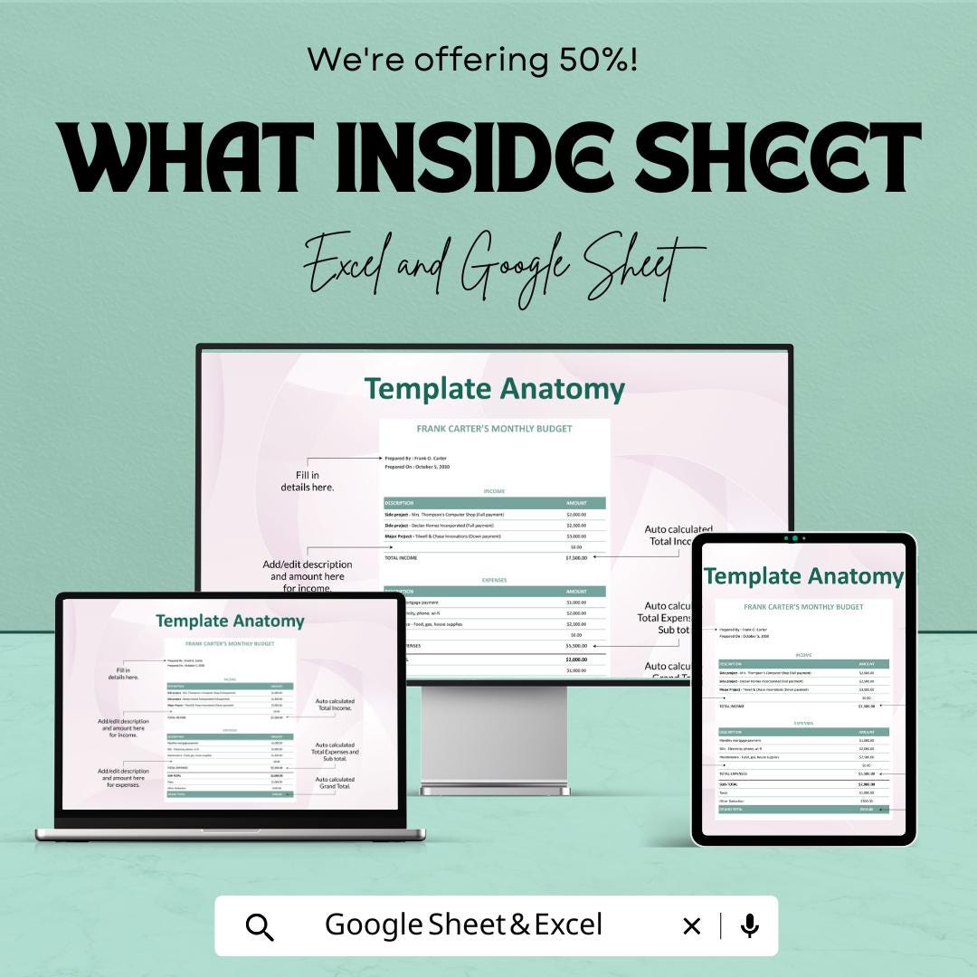 Sample Freelance Budget Sheet – Excel and Google Sheets Template | Track Income & Expenses | 50% Off