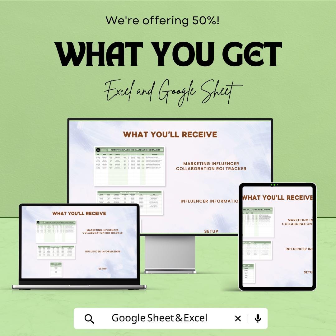 Marketing Influencer ROI Tracker | Excel & Google Sheets Template | Campaign Performance Analytics