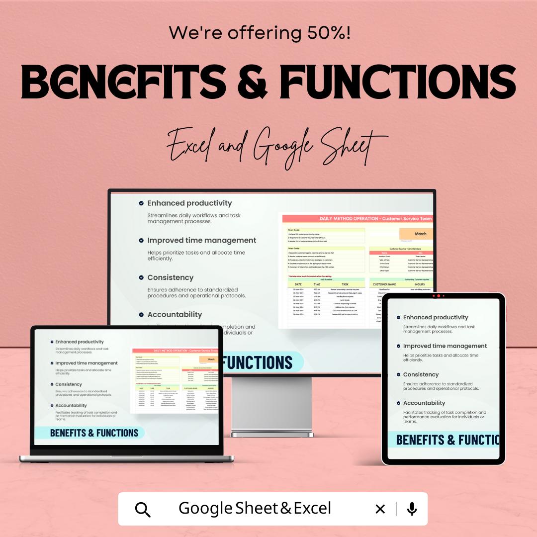 Daily Method Operation Template, Daily Operations Planner, Task and Schedule Tracker, Team Workflow Sheet, Excel & Google Sheets