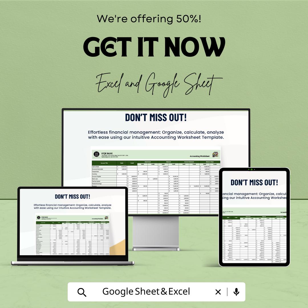 Accounting Worksheet Template | Excel and Google Sheets | Financial Analysis, Data Entry, Adjusted Trial Balance, Ledger & Reporting Tool