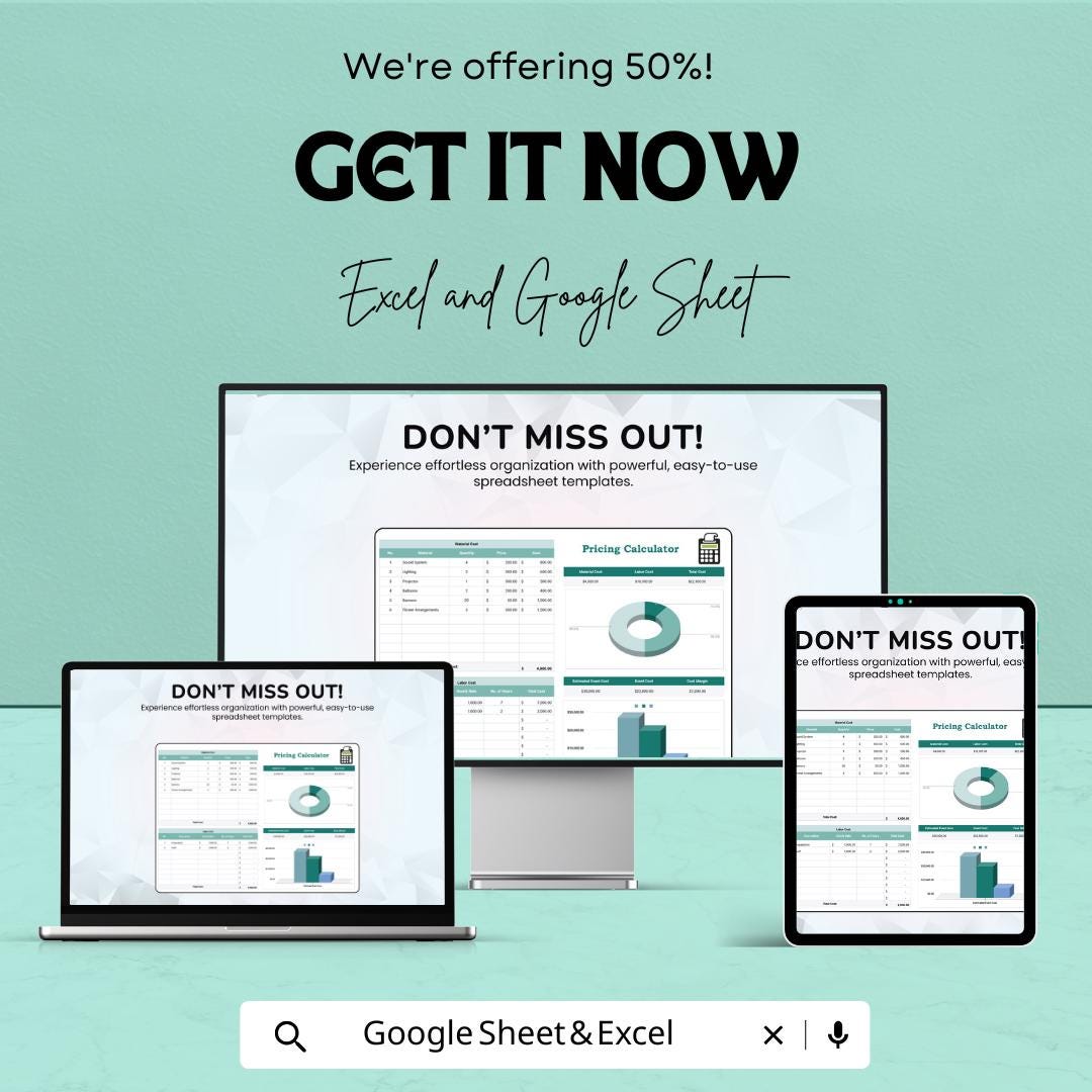 Pricing Calculator Sheet for Material & Labor Cost | Excel and Google Sheet Template | Event Planning, Budgeting, and Cost Estimation